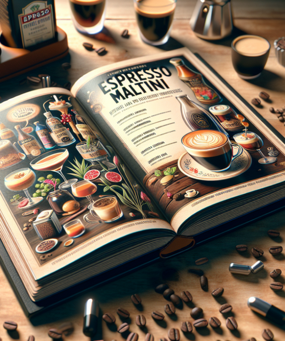 alt_text: Buku menu Espresso MALTini penuh resep kopi unik dan kreatif.