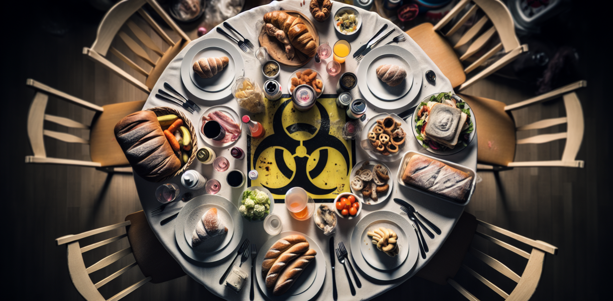 alt_text: Ilustrasi meja makan dengan makanan terkontaminasi, simbol peringatan biohazard nampak jelas.