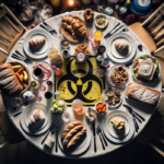 alt_text: Ilustrasi meja makan dengan makanan terkontaminasi, simbol peringatan biohazard nampak jelas.