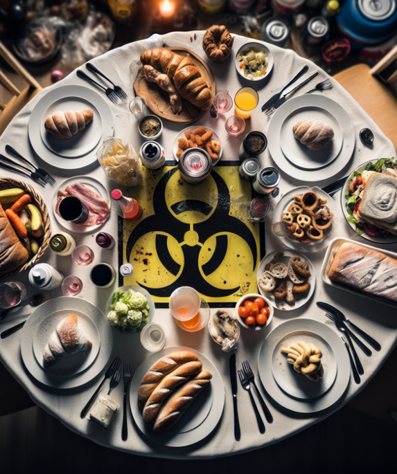 alt_text: Ilustrasi meja makan dengan makanan terkontaminasi, simbol peringatan biohazard nampak jelas.