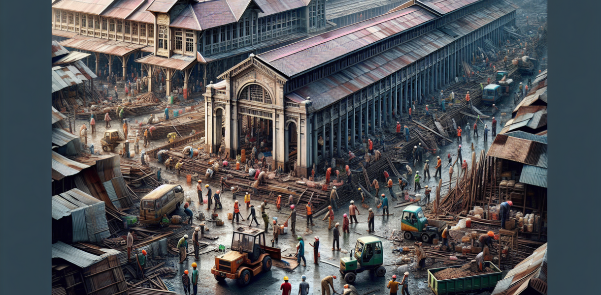 alt_text: Renovasi Pasar Induk Kramat Jati pasca kebakaran, pekerja sibuk memperbaiki bangunan.