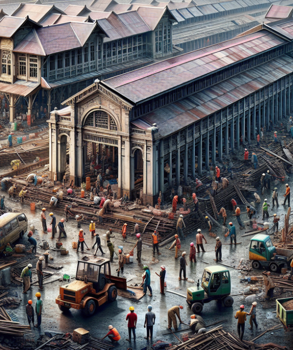 alt_text: Renovasi Pasar Induk Kramat Jati pasca kebakaran, pekerja sibuk memperbaiki bangunan.