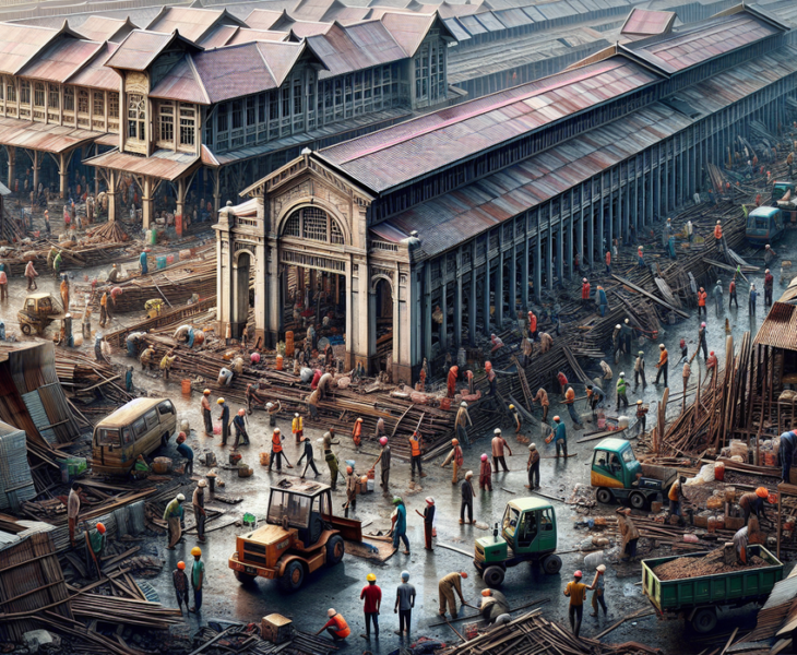 alt_text: Renovasi Pasar Induk Kramat Jati pasca kebakaran, pekerja sibuk memperbaiki bangunan.