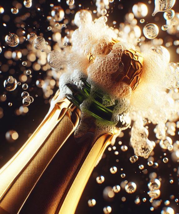 alt_text: Botol champagne terbuka dengan percikan, membangkitkan rasa kemeriahan dan pengalaman mewah.