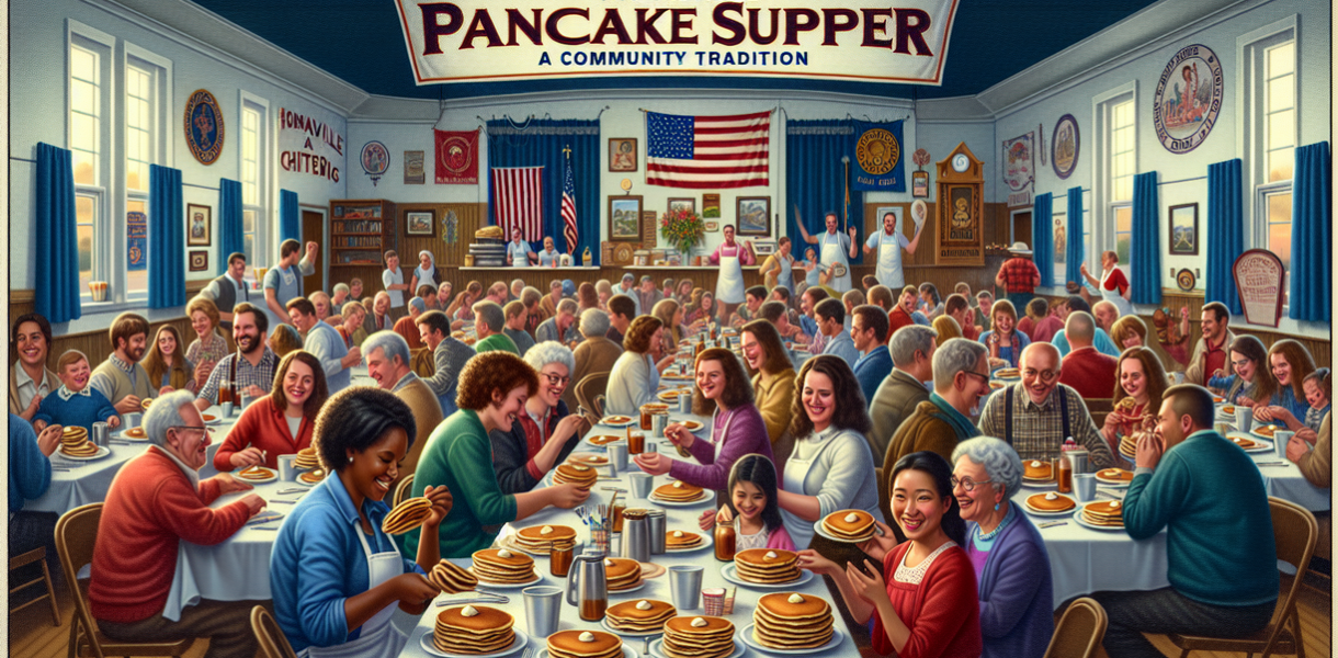 alt_text: Komunitas menikmati pancake, simbol harapan baru dan kerjasama dalam acara lokal.