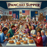 alt_text: Komunitas menikmati pancake, simbol harapan baru dan kerjasama dalam acara lokal.