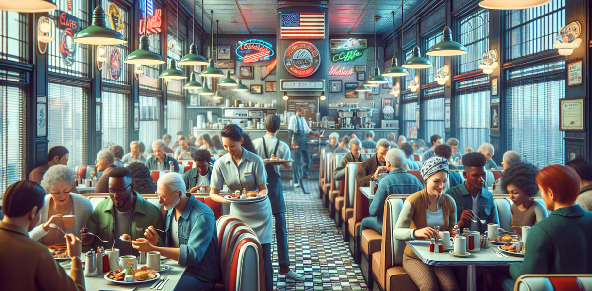 alt_text: Diner klasik Amerika dengan meja bar, menyajikan suasana nostalgia dalam acara America at 250.