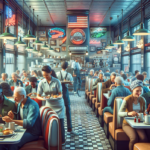 alt_text: Diner klasik Amerika dengan meja bar, menyajikan suasana nostalgia dalam acara America at 250.