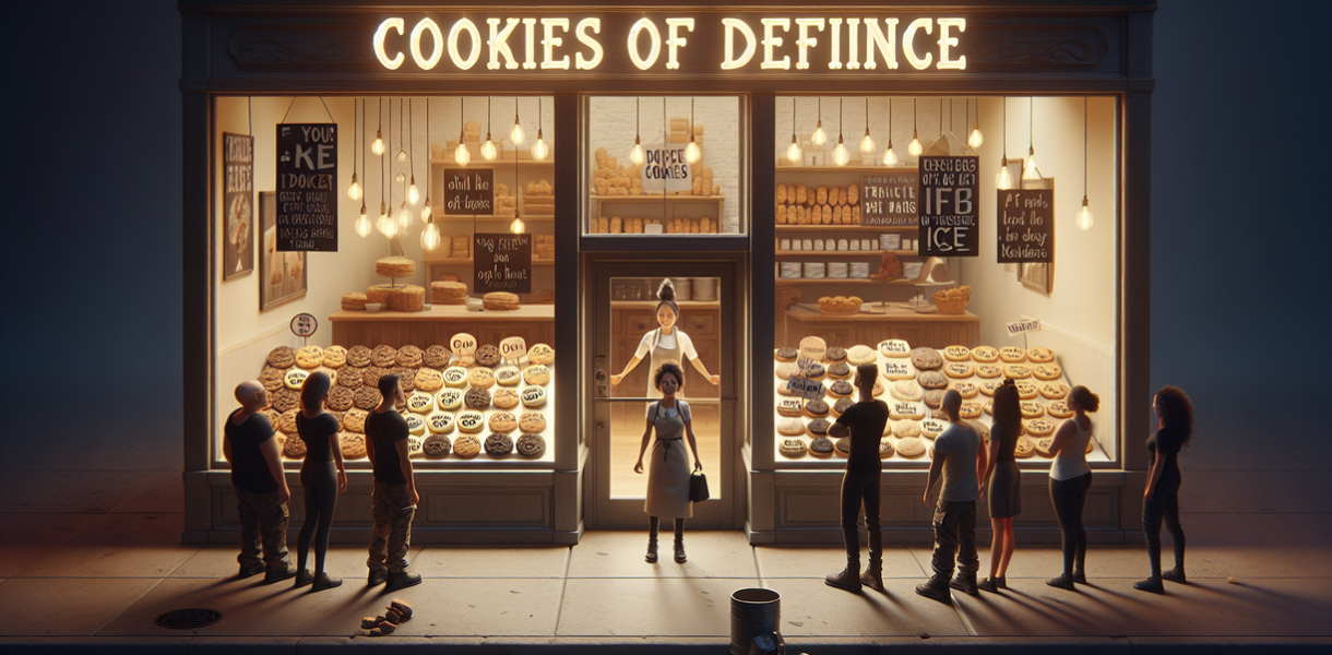 alt_text: Kue kontroversial di meja kasir jadi sorotan dalam protes terkait isu pangan.