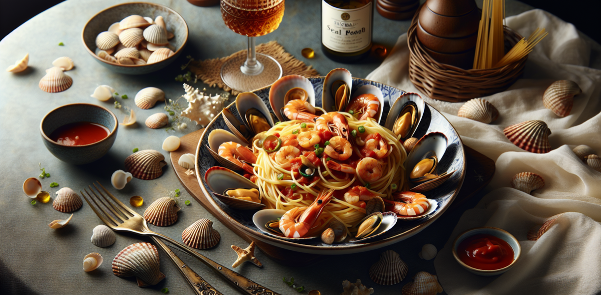 alt_text: Spaghetti seafood dengan saus tomat, udang, dan kerang. Rasa mewah nan sederhana.