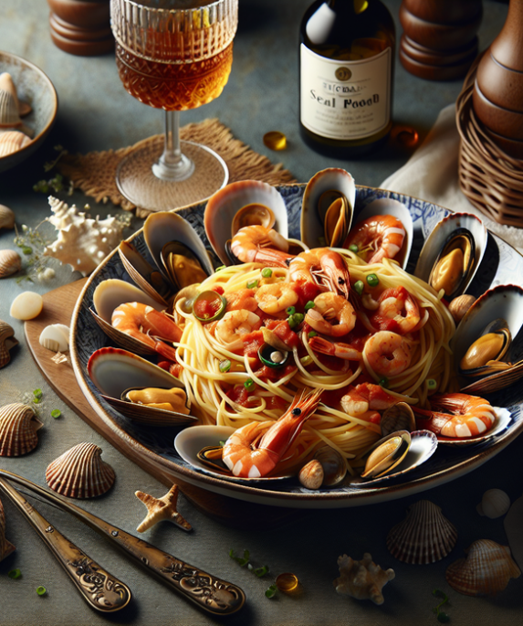 alt_text: Spaghetti seafood dengan saus tomat, udang, dan kerang. Rasa mewah nan sederhana.