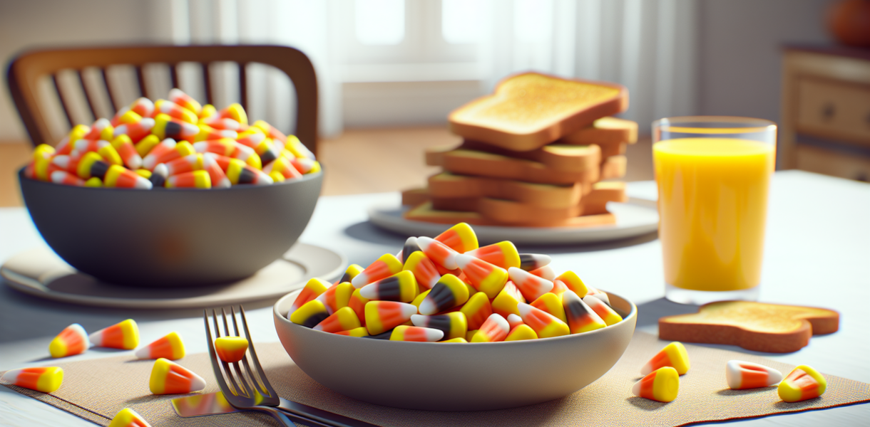 alt_text: Candy Corn disajikan di meja sarapan dalam mangkuk, sebagai pilihan sarapan unik dan ceria.