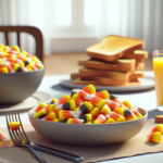 alt_text: Candy Corn disajikan di meja sarapan dalam mangkuk, sebagai pilihan sarapan unik dan ceria.