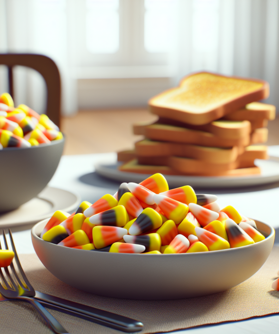 alt_text: Candy Corn disajikan di meja sarapan dalam mangkuk, sebagai pilihan sarapan unik dan ceria.