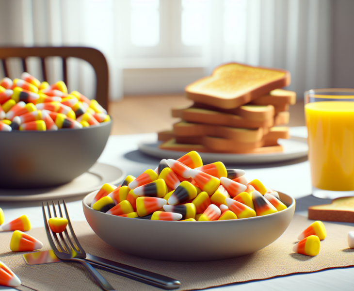 alt_text: Candy Corn disajikan di meja sarapan dalam mangkuk, sebagai pilihan sarapan unik dan ceria.