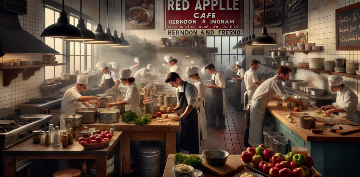 alt_text: Red Apple Cafe di Fresno: Menyajikan makanan lezat dan minuman segar dalam suasana nyaman.