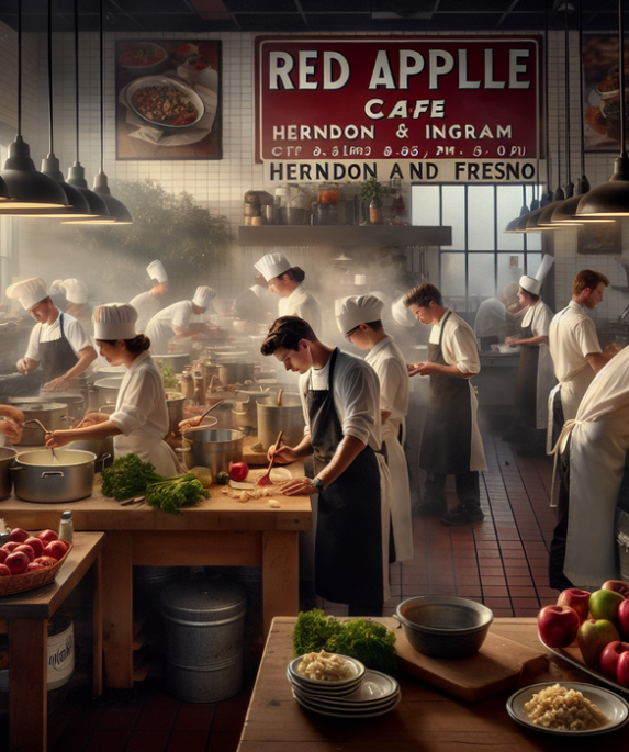 alt_text: Red Apple Cafe di Fresno: Menyajikan makanan lezat dan minuman segar dalam suasana nyaman.