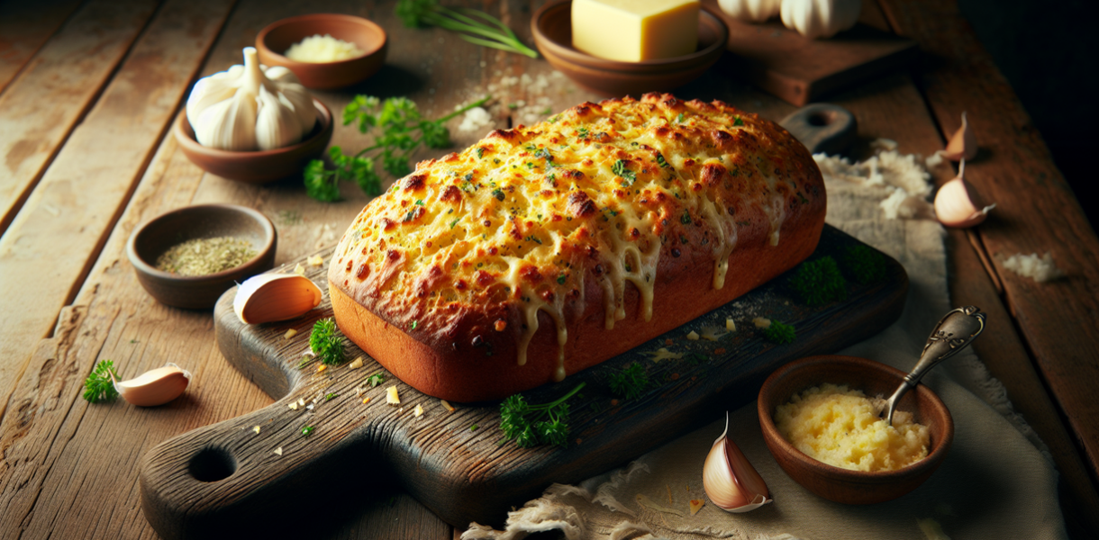 alt_text: Roti bawang vegan dengan keju leleh, terlihat renyah dan creamy di atas loyang.