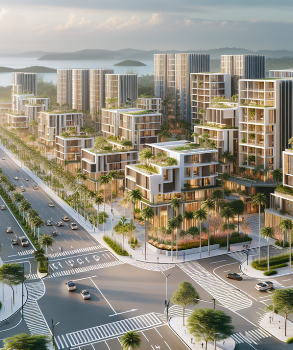 alt_text: Jalan Santa Rosa yang baru di Golden Mile dengan pemandangan modern dan rapi.