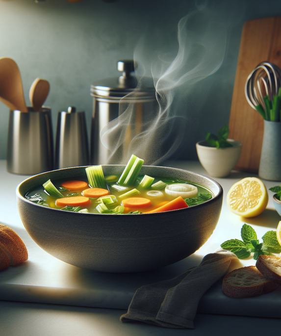 alt_text: Sup hangat kembang kol dengan aroma jeruk limau menggugah selera.