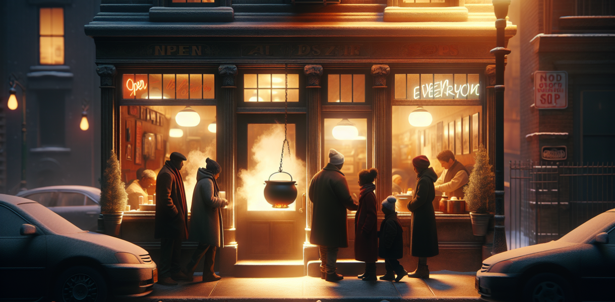 alt_text: Restoran Harapan Hangat di Harlem, penuh pengunjung menikmati hidangan lezat dan suasana nyaman.