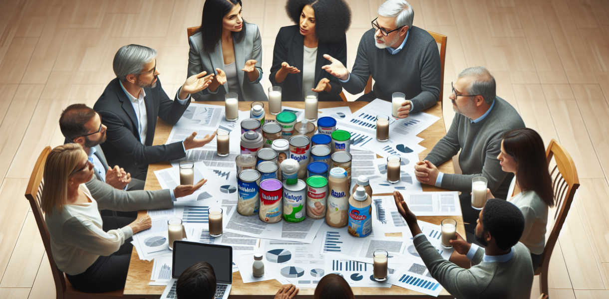 alt_text: "Diskusi serius tentang kebijakan dan hukum terkait transparansi susu formula."