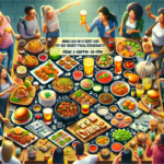 alt_text: "Acara Foodies Fridays di rumah minimalis modern dengan suasana ceria dan hidangan lezat."