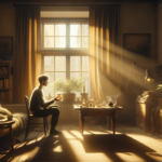 alt_text: "Secangkir kopi di meja kayu dengan suasana hangat, menggambarkan kebahagiaan dalam kesederhanaan."