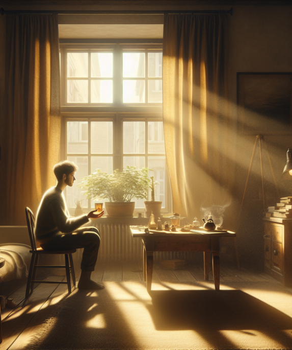 alt_text: "Secangkir kopi di meja kayu dengan suasana hangat, menggambarkan kebahagiaan dalam kesederhanaan."