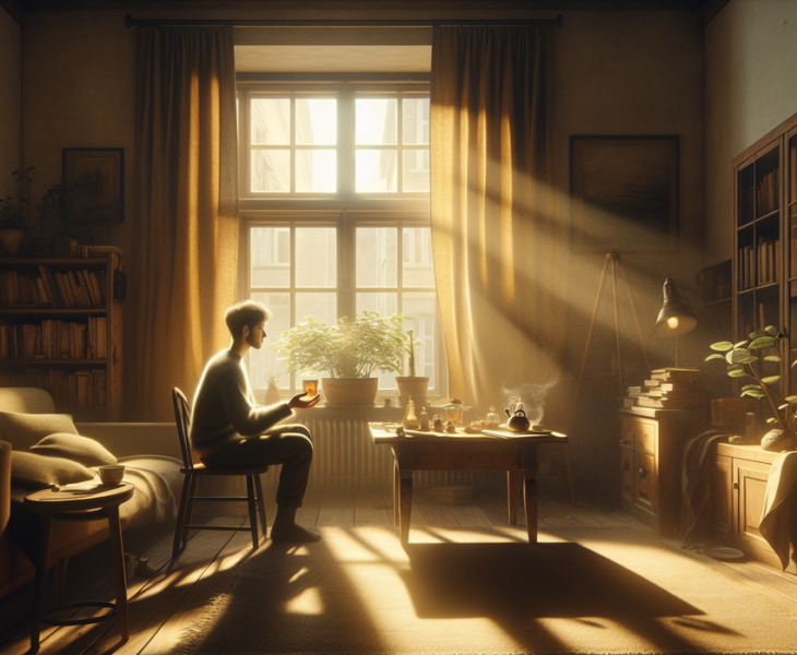 alt_text: "Secangkir kopi di meja kayu dengan suasana hangat, menggambarkan kebahagiaan dalam kesederhanaan."