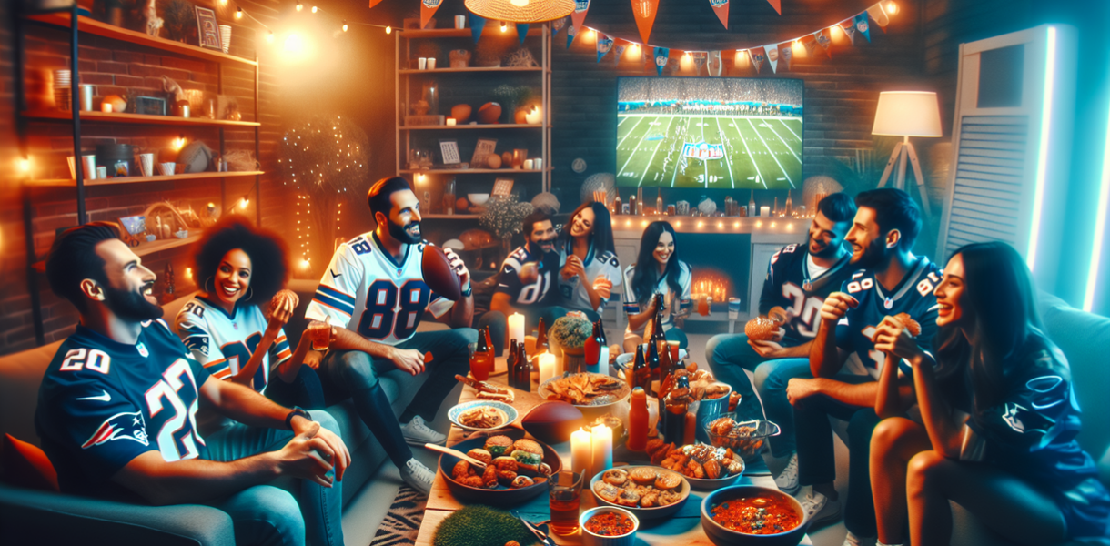 alt_text: Dekorasi meriah dengan tema Super Bowl; aneka makanan dan minuman ditata di meja.