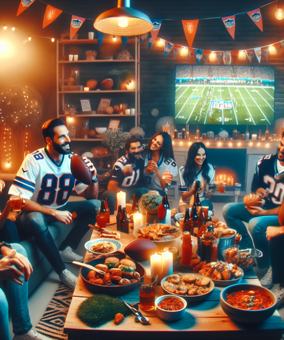 alt_text: Dekorasi meriah dengan tema Super Bowl; aneka makanan dan minuman ditata di meja.