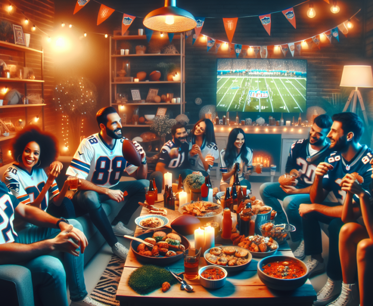 alt_text: Dekorasi meriah dengan tema Super Bowl; aneka makanan dan minuman ditata di meja.