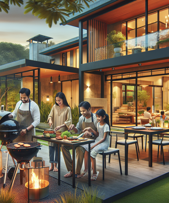 alt_text: Pembangunan area BBQ permanen dengan bahan dan desain dari konten sponsor.