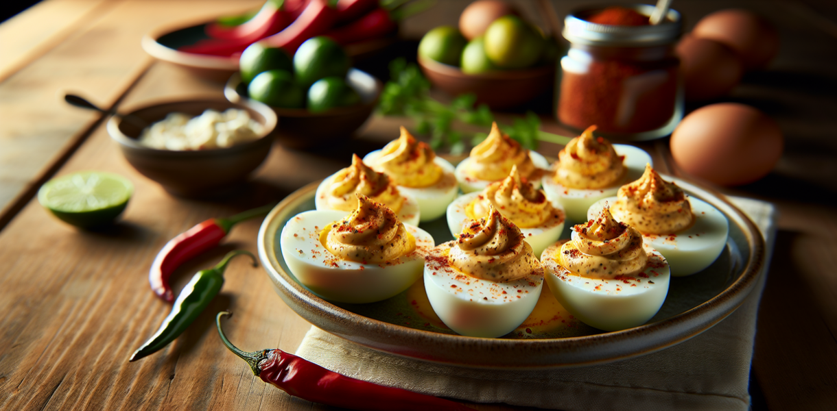 alt_text: Deviled eggs dengan topping salsa dan daun ketumbar, sentuhan khas Meksiko.