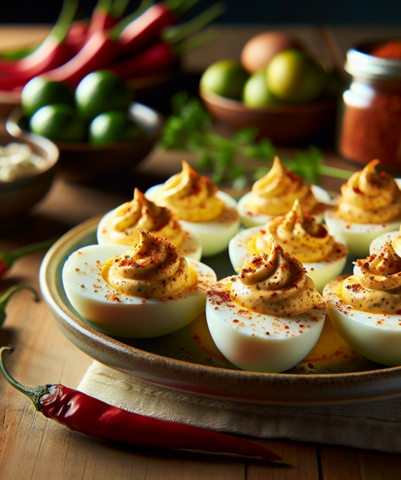 alt_text: Deviled eggs dengan topping salsa dan daun ketumbar, sentuhan khas Meksiko.
