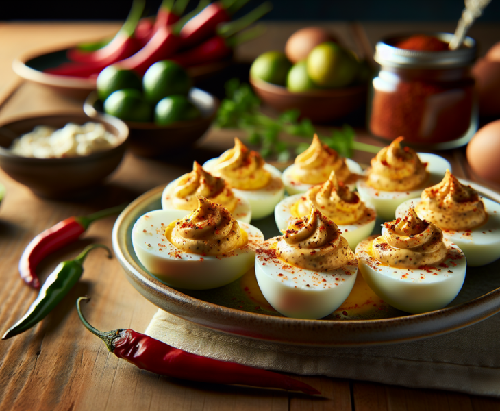 alt_text: Deviled eggs dengan topping salsa dan daun ketumbar, sentuhan khas Meksiko.