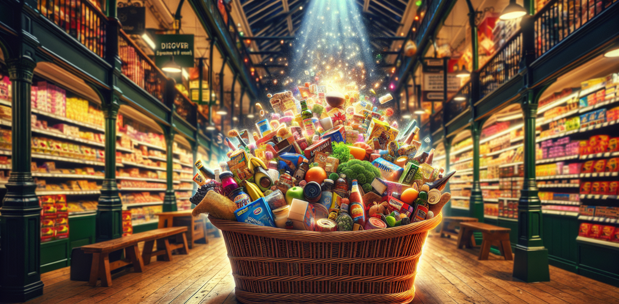 alt_text: Keranjang belanja Trader Joe's dipenuhi produk unik dan makanan organik populer.