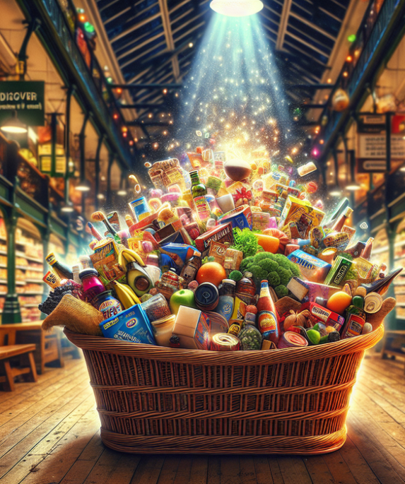 alt_text: Keranjang belanja Trader Joe's dipenuhi produk unik dan makanan organik populer.