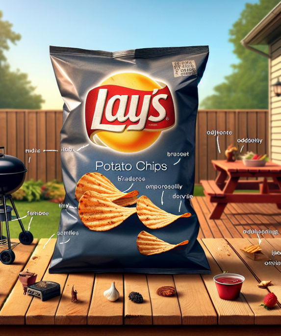 "alt_text": "Komposisi keripik BBQ mirip kumpulan sisa dapur yang tertata."
