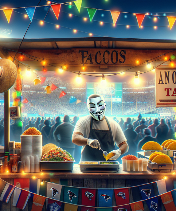 alt_text: Toko Villa's Tacos dengan mural Bad Bunny dan elemen budaya pop di sekitarnya.