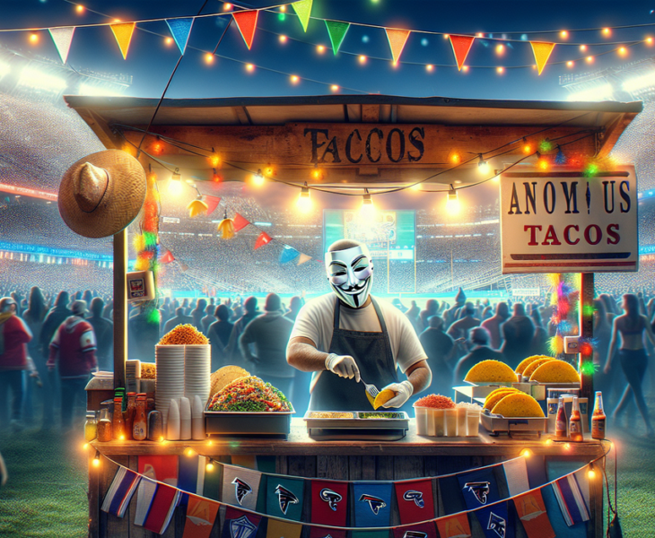 alt_text: Toko Villa's Tacos dengan mural Bad Bunny dan elemen budaya pop di sekitarnya.