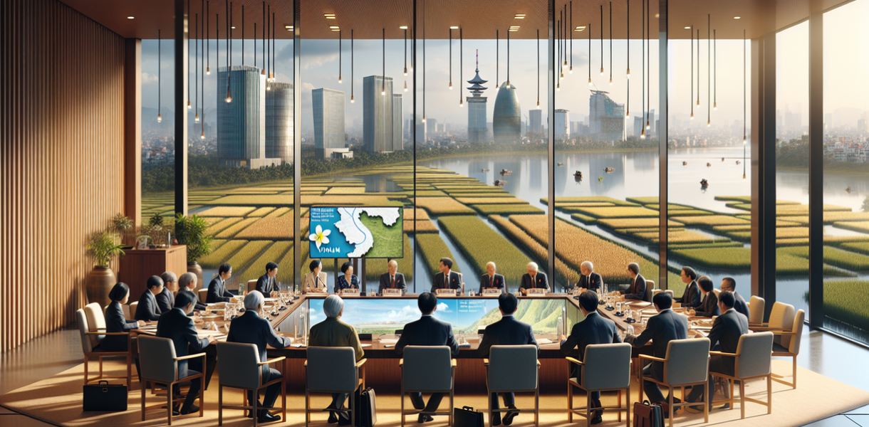 alt_text: Petani Vietnam memanen padi organik dengan latar belakang sawah hijau yang luas.