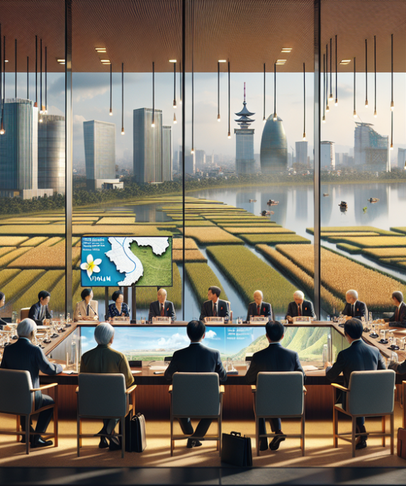 alt_text: Petani Vietnam memanen padi organik dengan latar belakang sawah hijau yang luas.