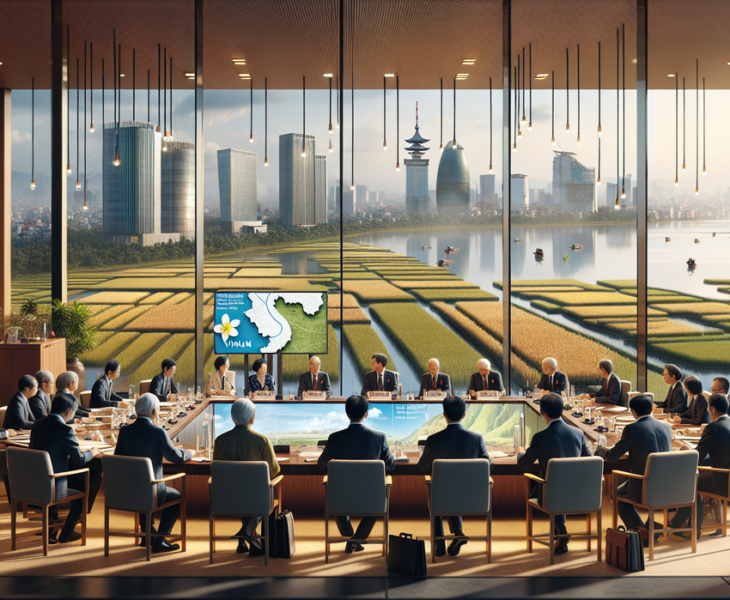 alt_text: Petani Vietnam memanen padi organik dengan latar belakang sawah hijau yang luas.