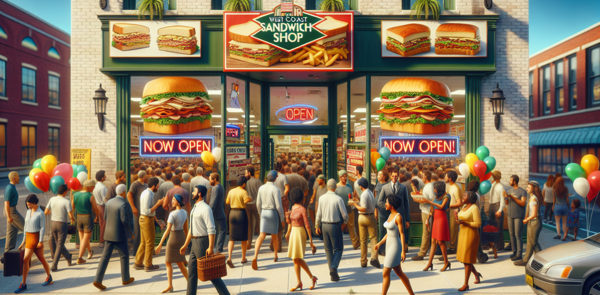 alt_text: Poster peluncuran restoran sandwich baru di Kota Union dengan aroma khas menggugah selera.