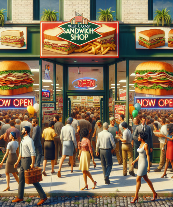 alt_text: Poster peluncuran restoran sandwich baru di Kota Union dengan aroma khas menggugah selera.