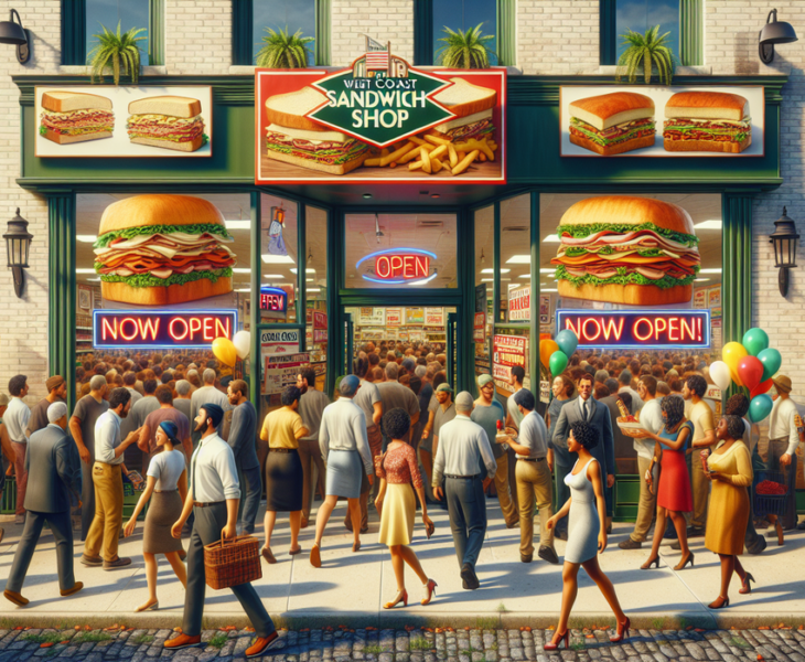 alt_text: Poster peluncuran restoran sandwich baru di Kota Union dengan aroma khas menggugah selera.