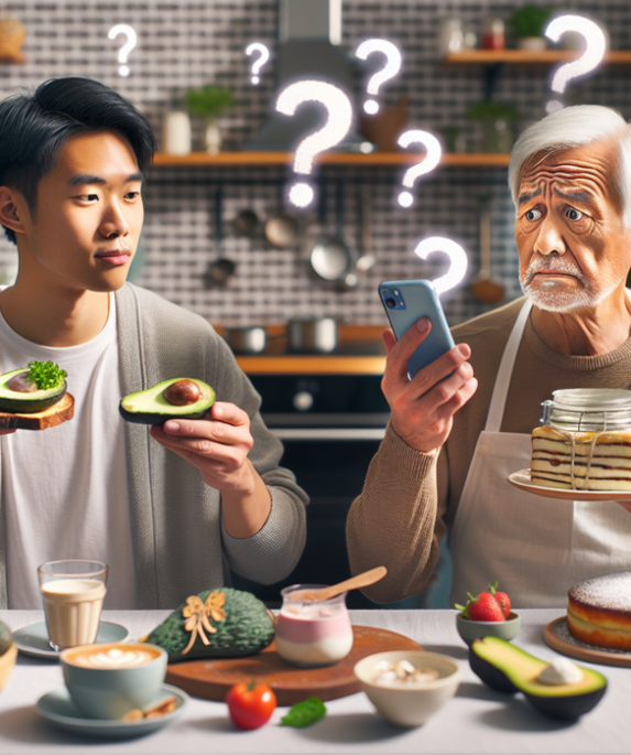 alt_text: Makan bersama, Boomers mengkritik tren makanan Milenial dengan ekspresi heran.