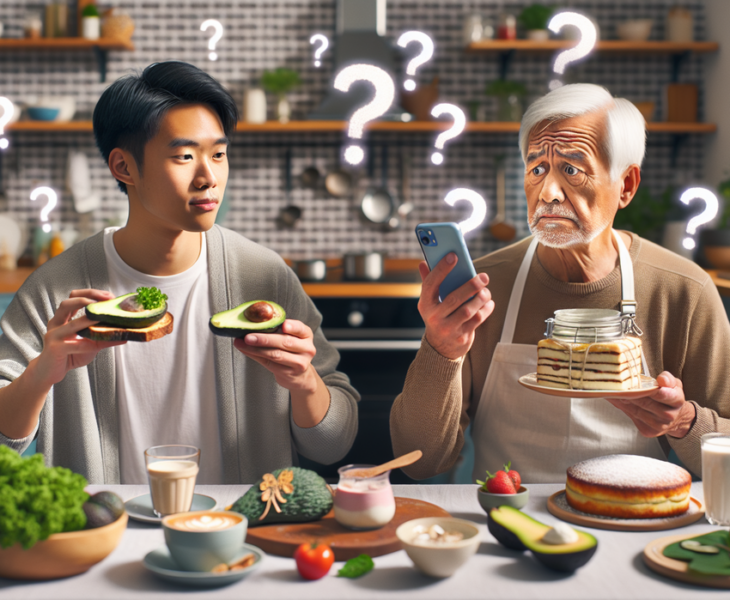 alt_text: Makan bersama, Boomers mengkritik tren makanan Milenial dengan ekspresi heran.